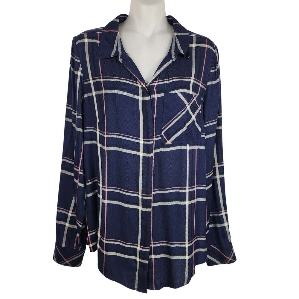White House Black Market Shirt Navy Blue Pink Plaid Button Front Size 8 Pocket